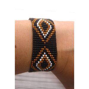 Loom Beaded Bracelet Black, Pumpkin & White w/ Leather